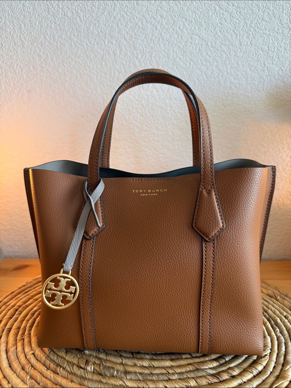 Tory Burch Brown Leather Tote with Gold Logo Charm